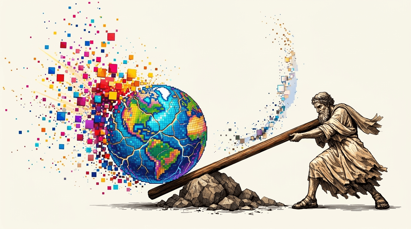 Archimedes moving the world with a lever resting on a fulcrum